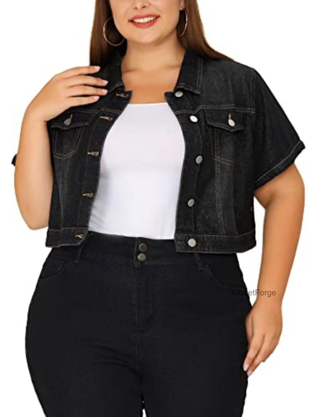 Plus Size Cropped Denim Jacket Short Sleeve Button Closure Chest Pockets
